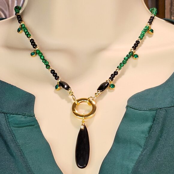 SALE!! Malachite & Onyx Pendant Necklace - Picture 4 of 5